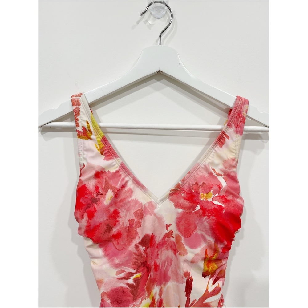 Shade & Shore Pink Floral Ruched V-Neck One Piece Swimsuit Size Small 4-6 - Picture 4 of 13